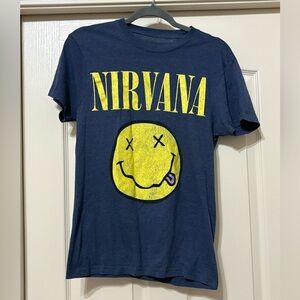 NIRVANA Navy Tee with Yellow Smiley Graphic